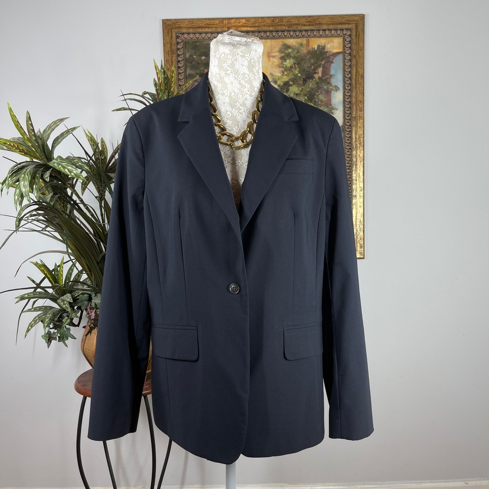 The Outfitters by Lands End Blazer Women 14 Tall Navy Blue Polyester One Button